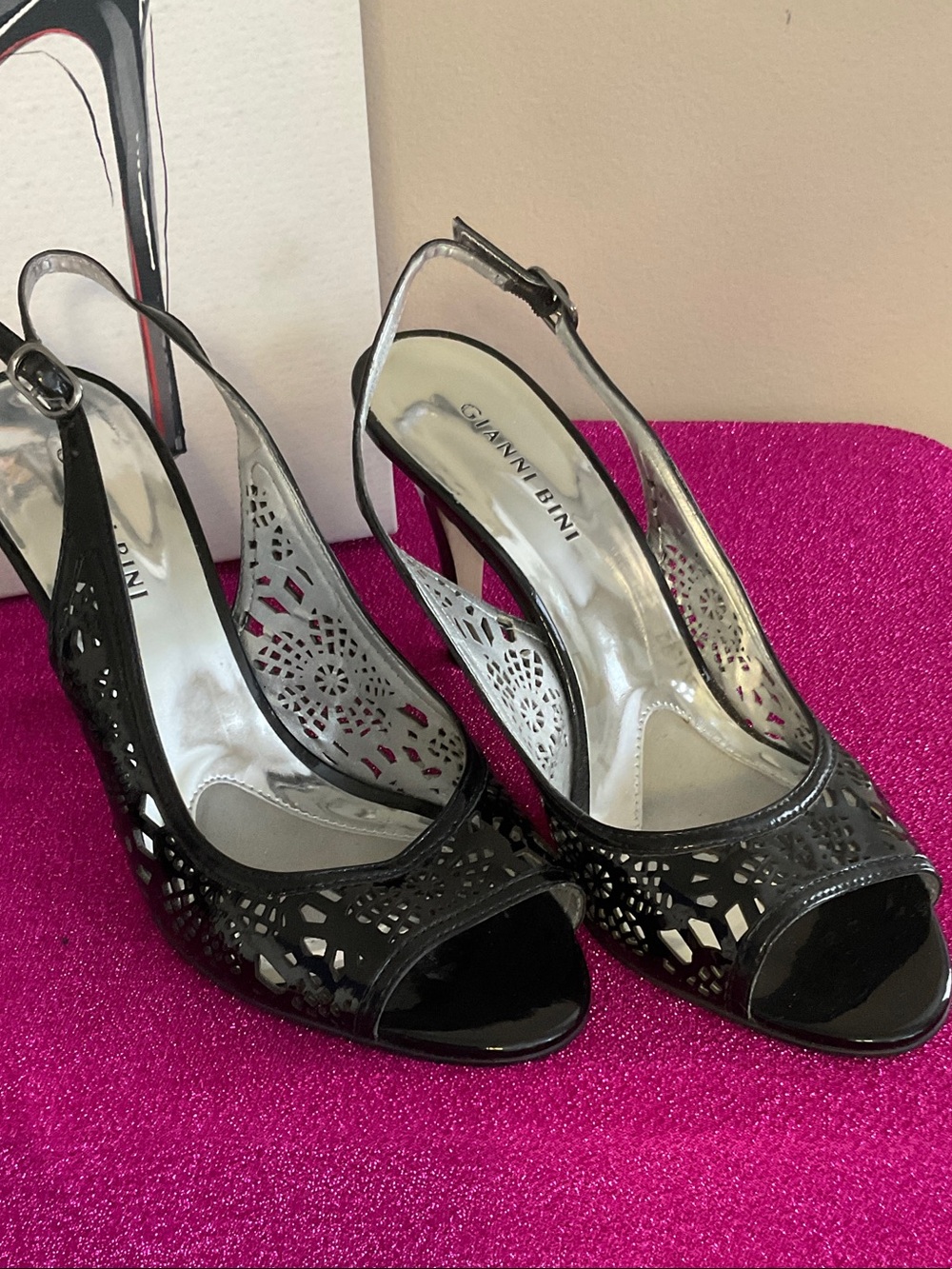 Gianni Bini Black Laser-Cut Peep-Toe Slingback Heels